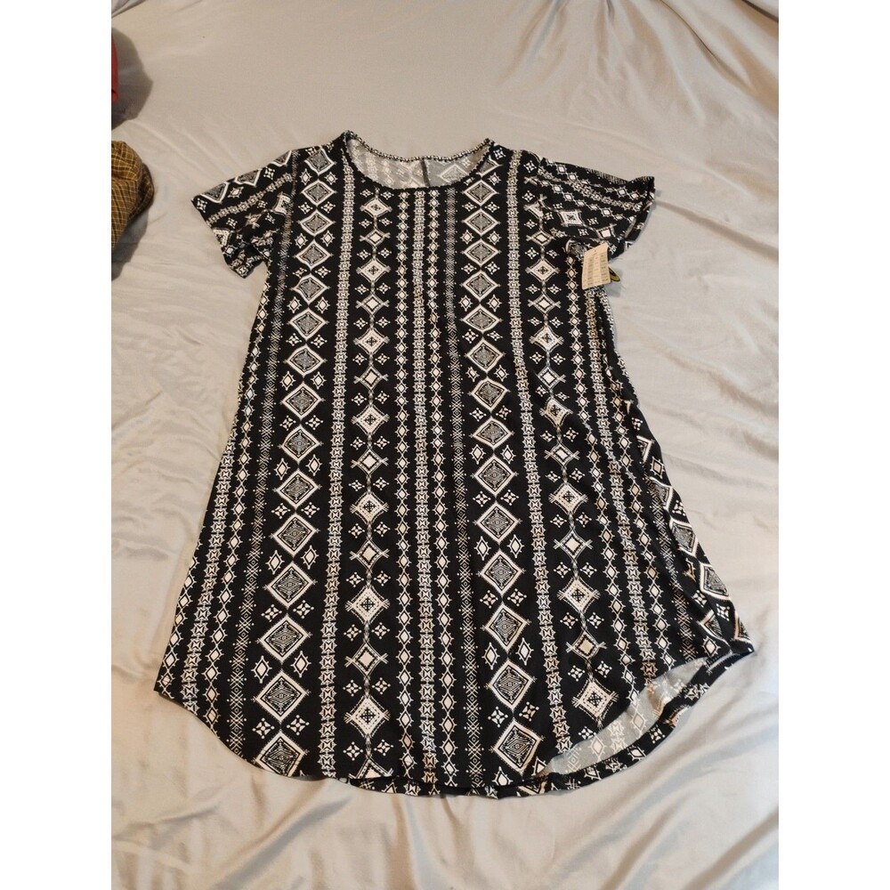 Bobbie Brooks Black Geometric Print Short Sleeve  Dress Size L